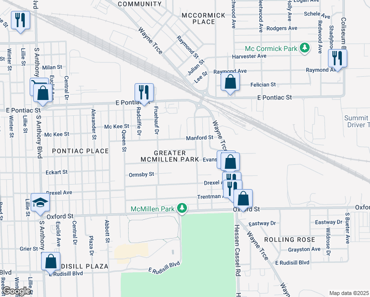 map of restaurants, bars, coffee shops, grocery stores, and more near 2818 Mauldin Drive in Fort Wayne
