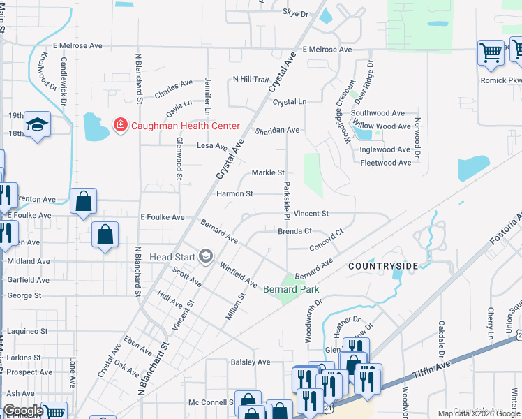 map of restaurants, bars, coffee shops, grocery stores, and more near 1050 Vincent Street in Findlay