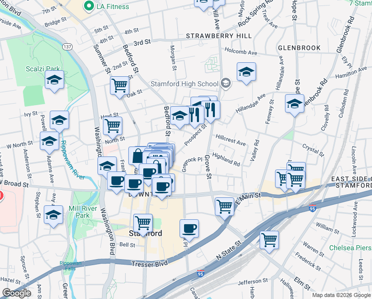 map of restaurants, bars, coffee shops, grocery stores, and more near 77 Prospect Street in Stamford