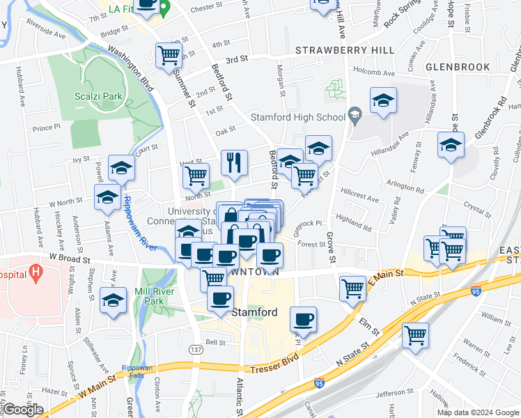 map of restaurants, bars, coffee shops, grocery stores, and more near 707 Summer Street in Stamford