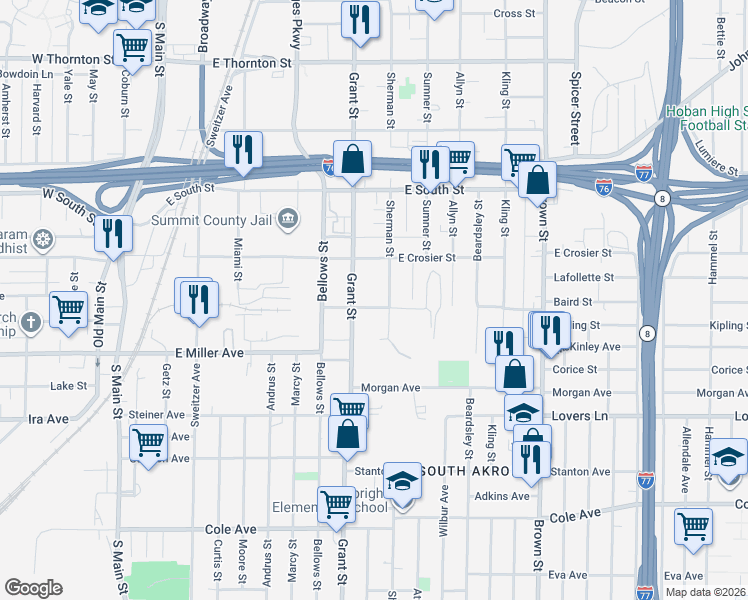 map of restaurants, bars, coffee shops, grocery stores, and more near 313 Baird Street in Akron