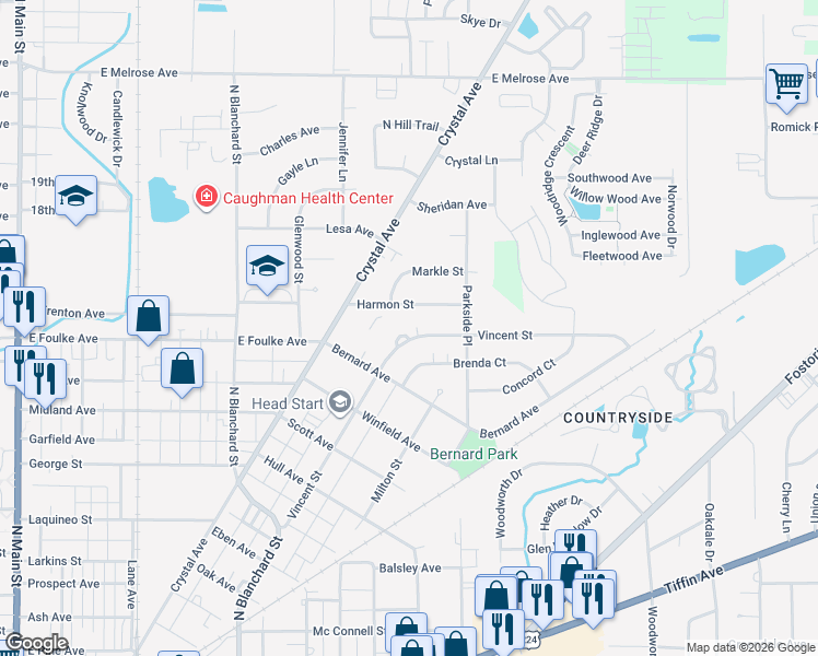 map of restaurants, bars, coffee shops, grocery stores, and more near 1050 Vincent Street in Findlay