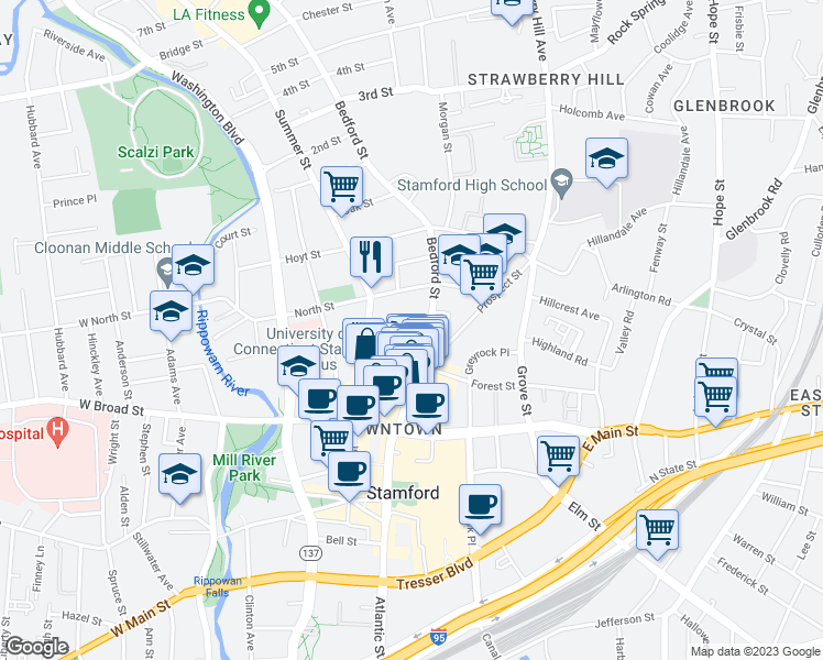 map of restaurants, bars, coffee shops, grocery stores, and more near 707 Summer Street in Stamford