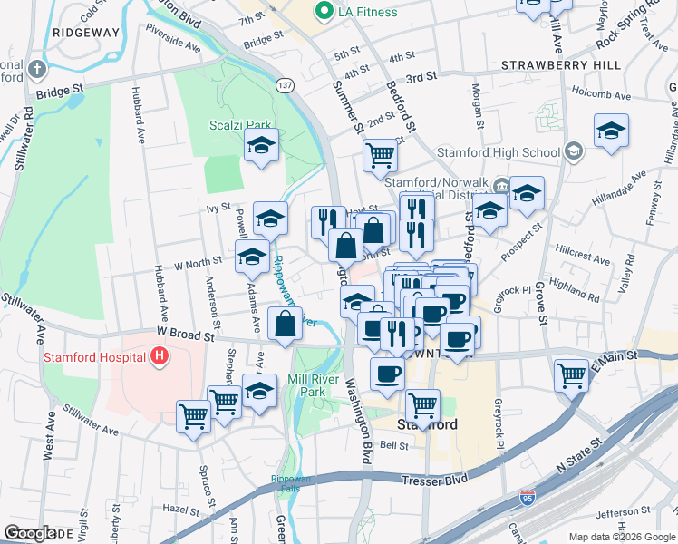 map of restaurants, bars, coffee shops, grocery stores, and more near 1340 Washington Boulevard in Stamford