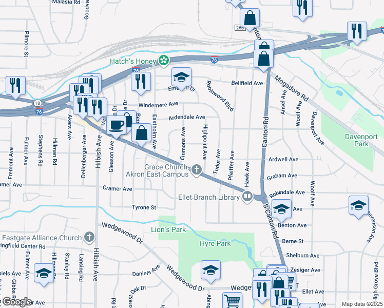 map of restaurants, bars, coffee shops, grocery stores, and more near 2322 Jack Avenue in Akron