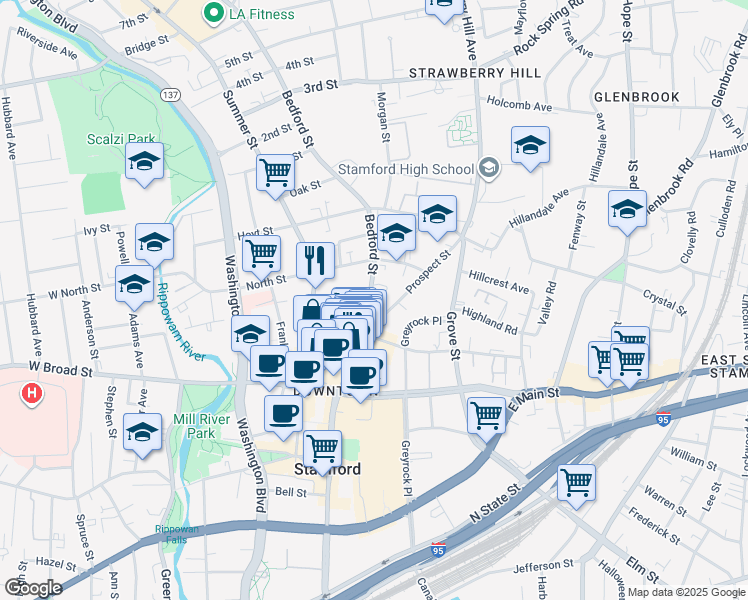 map of restaurants, bars, coffee shops, grocery stores, and more near 499 Bedford Street in Stamford