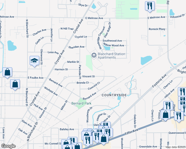 map of restaurants, bars, coffee shops, grocery stores, and more near 1213 Vincent Street in Findlay