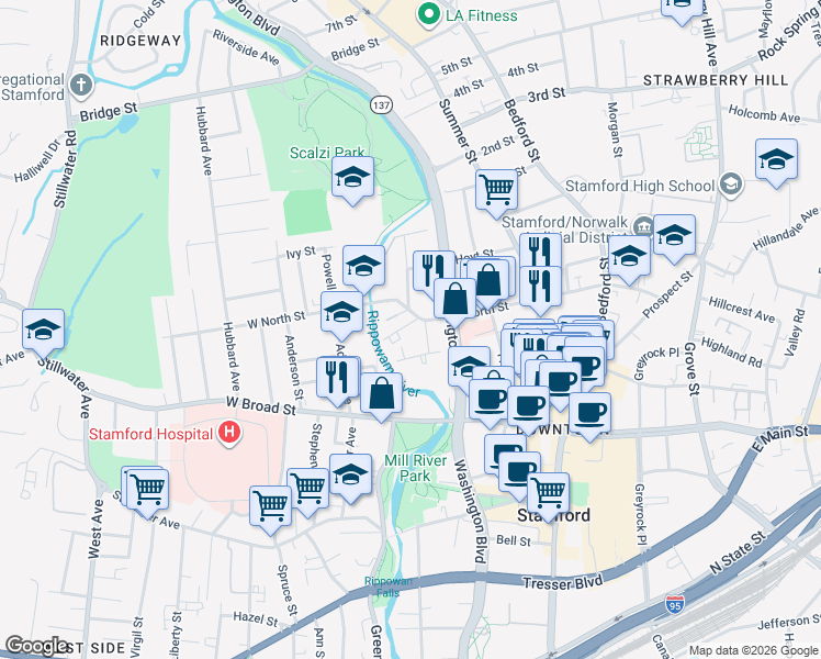 map of restaurants, bars, coffee shops, grocery stores, and more near 35 Vernon Place in Stamford