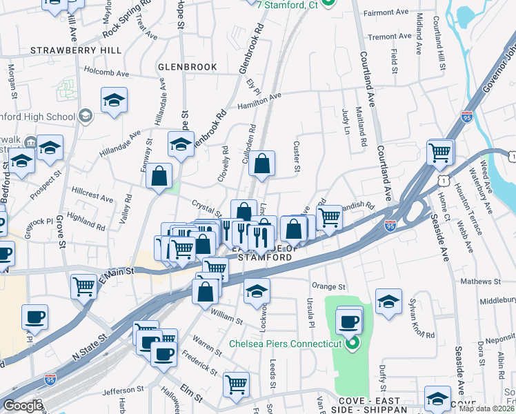 map of restaurants, bars, coffee shops, grocery stores, and more near 45 Culloden Road in Stamford