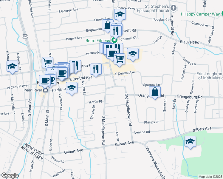 map of restaurants, bars, coffee shops, grocery stores, and more near 40 South Middletown Road in Pearl River