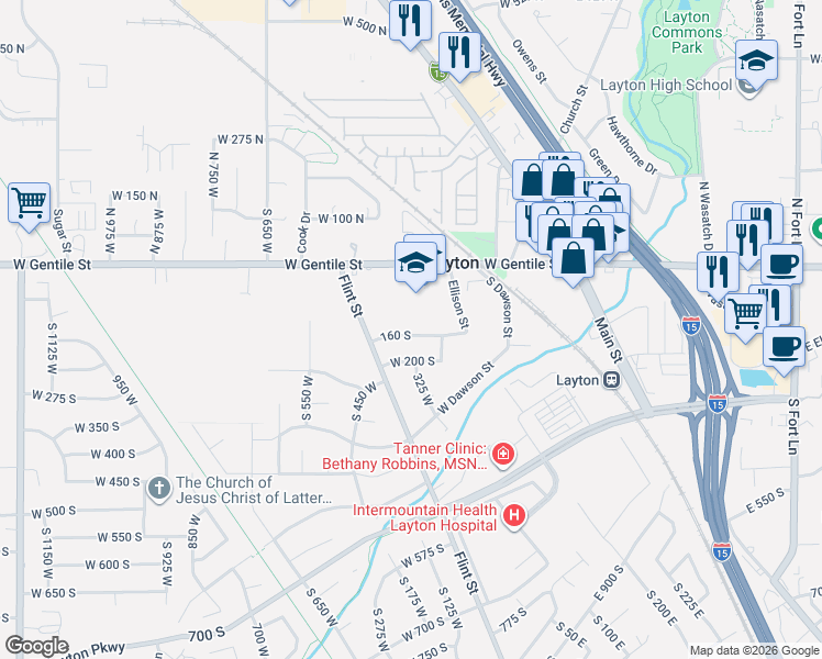 map of restaurants, bars, coffee shops, grocery stores, and more near 358 West Park Avenue in Layton