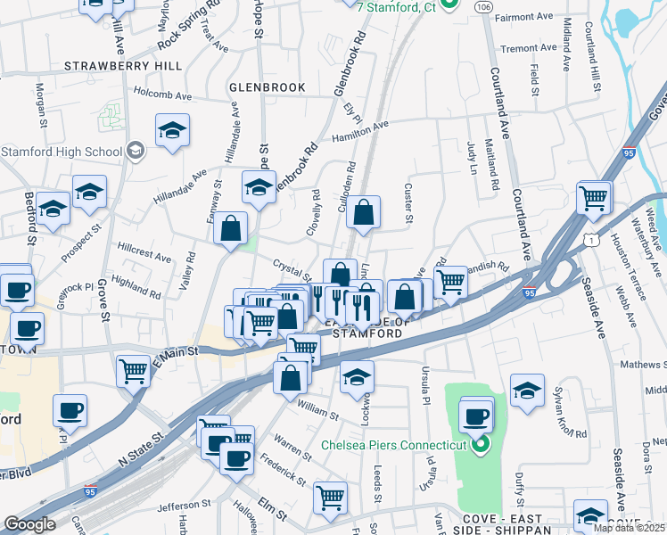 map of restaurants, bars, coffee shops, grocery stores, and more near 49 Culloden Road in Stamford