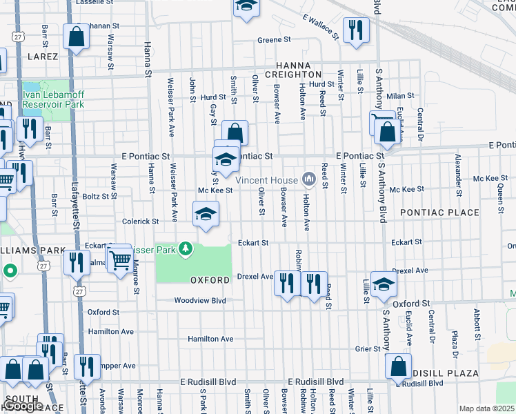 map of restaurants, bars, coffee shops, grocery stores, and more near 2926 Oliver Street in Fort Wayne