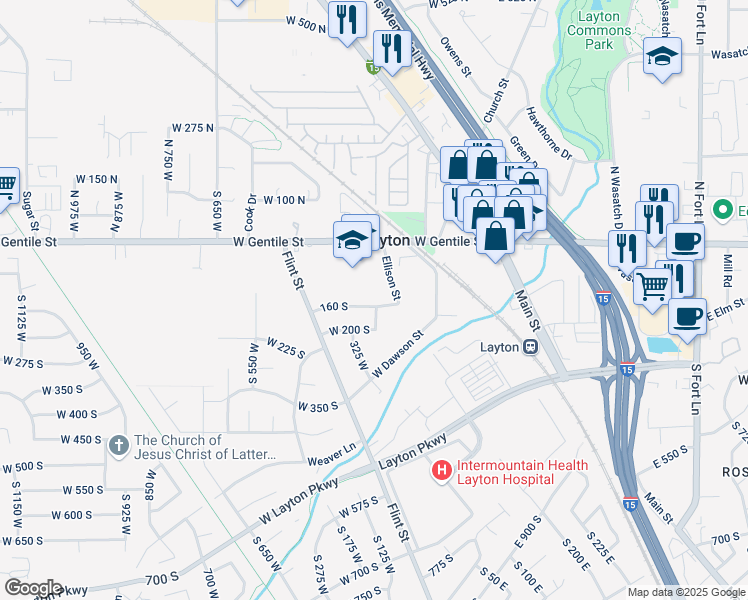map of restaurants, bars, coffee shops, grocery stores, and more near 319 Park Street in Layton