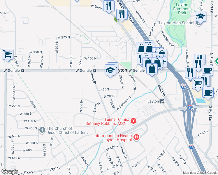 map of restaurants, bars, coffee shops, grocery stores, and more near 319 Park Street in Layton