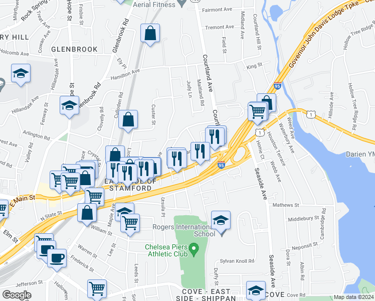 map of restaurants, bars, coffee shops, grocery stores, and more near 29 Standish Road in Stamford