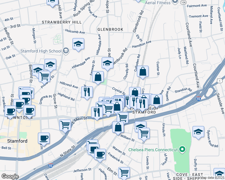 map of restaurants, bars, coffee shops, grocery stores, and more near 71 Quintard Terrace in Stamford
