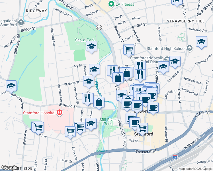 map of restaurants, bars, coffee shops, grocery stores, and more near 35 Vernon Place in Stamford