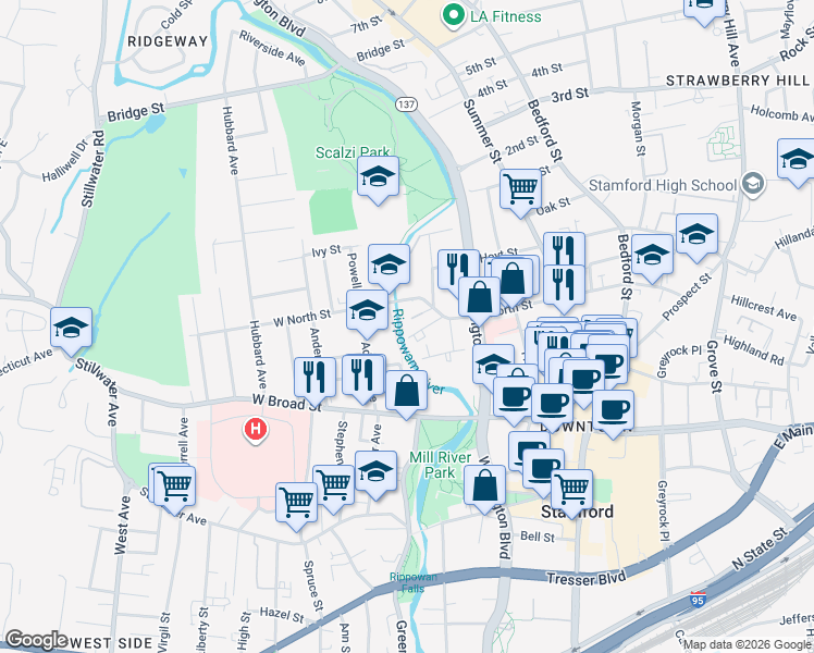 map of restaurants, bars, coffee shops, grocery stores, and more near 36 Washington Court in Stamford