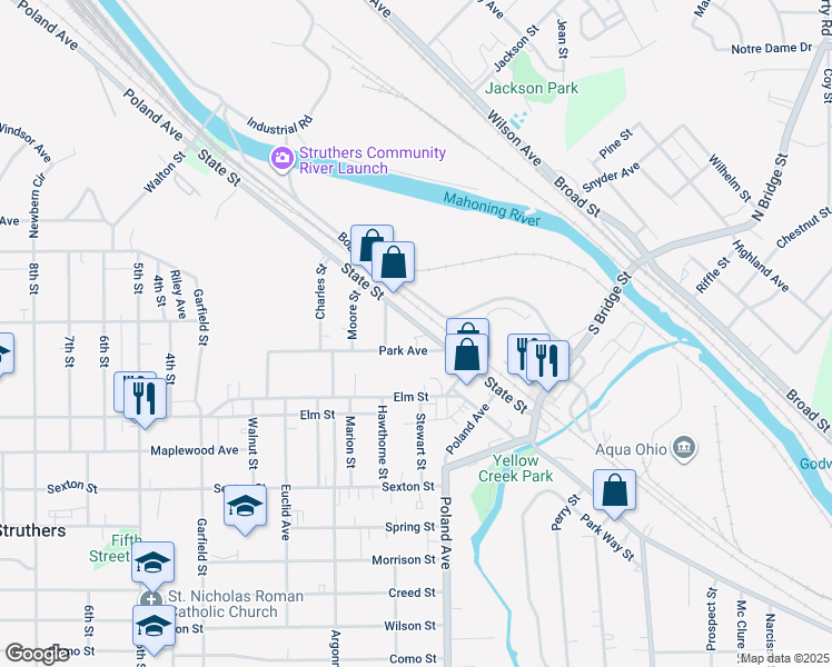 map of restaurants, bars, coffee shops, grocery stores, and more near 53 Park Avenue in Struthers