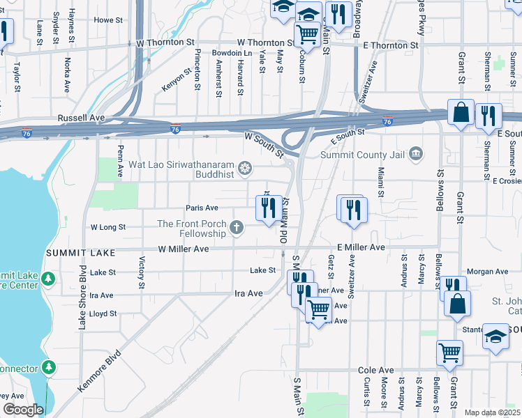 map of restaurants, bars, coffee shops, grocery stores, and more near 54 Paris Avenue in Akron
