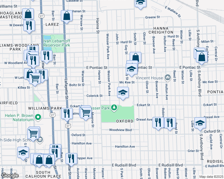 map of restaurants, bars, coffee shops, grocery stores, and more near in Fort Wayne