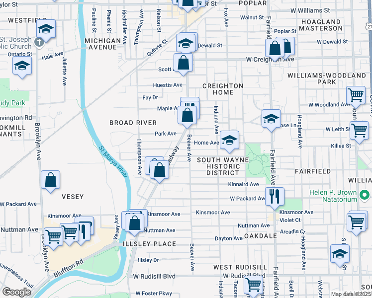 map of restaurants, bars, coffee shops, grocery stores, and more near 1026 Cottage Avenue in Fort Wayne