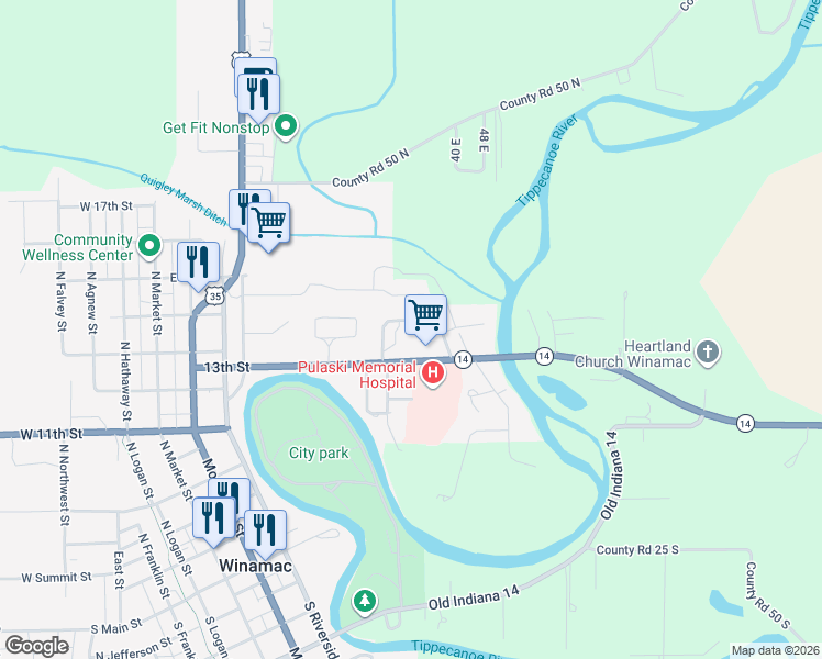 map of restaurants, bars, coffee shops, grocery stores, and more near 525 East 13th Street in Winamac