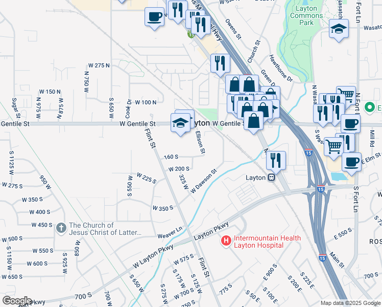 map of restaurants, bars, coffee shops, grocery stores, and more near 319 Park Street in Layton