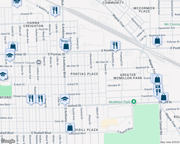 map of restaurants, bars, coffee shops, grocery stores, and more near 2941 Plaza Drive in Fort Wayne