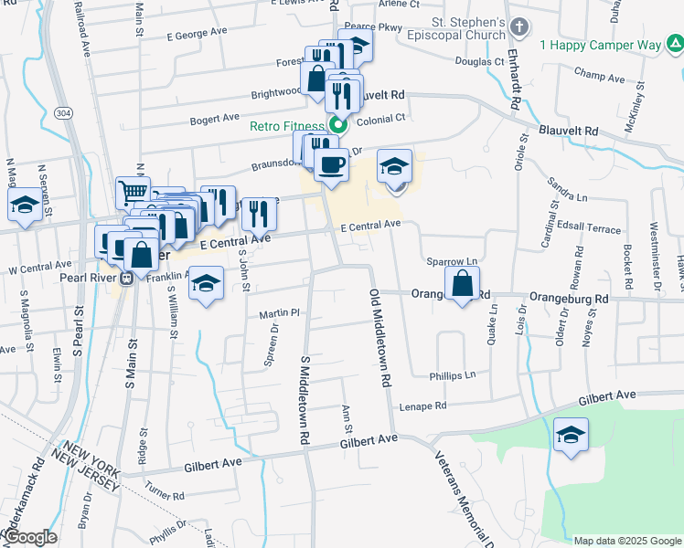 map of restaurants, bars, coffee shops, grocery stores, and more near 34 South Middletown Road in Pearl River