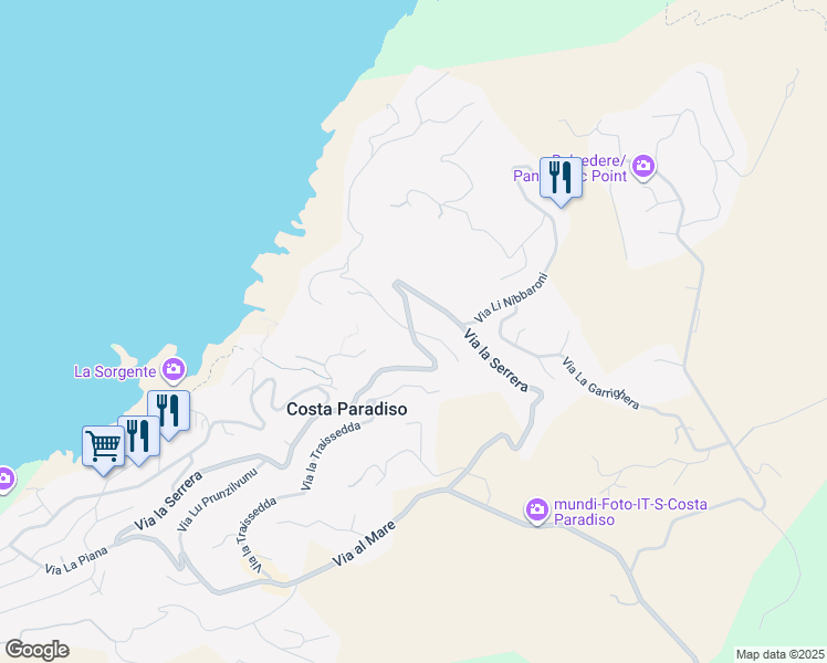 map of restaurants, bars, coffee shops, grocery stores, and more near 65-75 Via la Serrera in Costa Paradiso