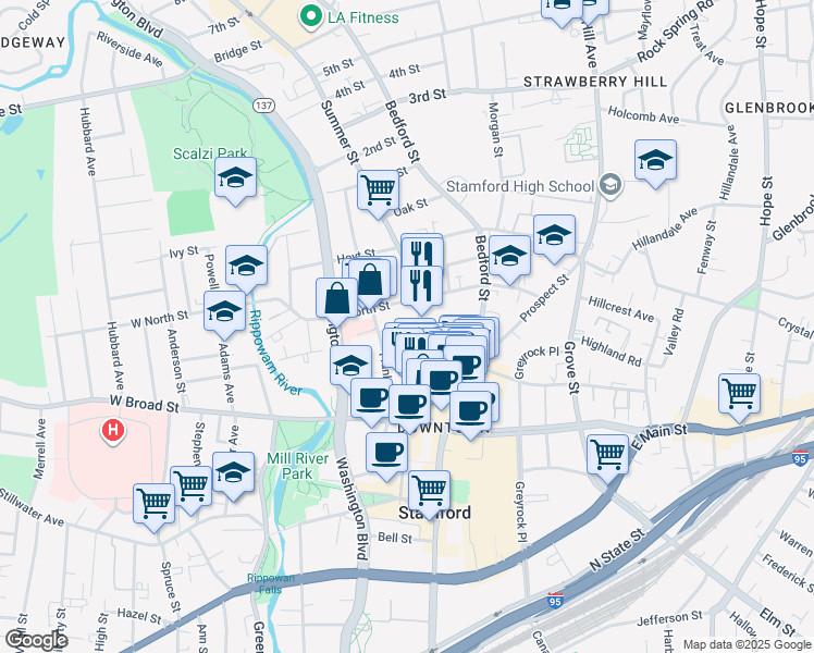 map of restaurants, bars, coffee shops, grocery stores, and more near 750 Summer Street in Stamford