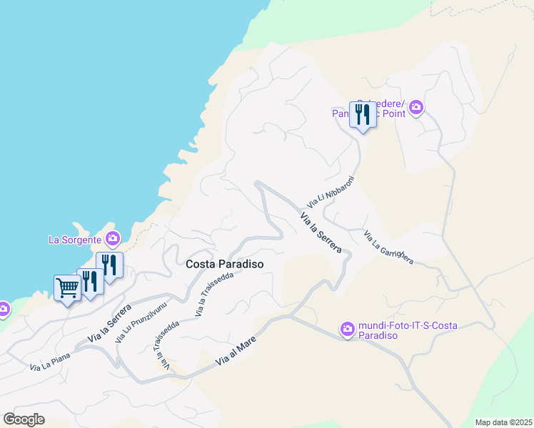 map of restaurants, bars, coffee shops, grocery stores, and more near 65-75 Via la Serrera in Costa Paradiso
