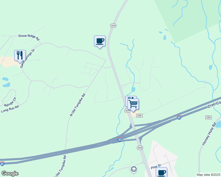 map of restaurants, bars, coffee shops, grocery stores, and more near 17 Deer Run Road in Drums