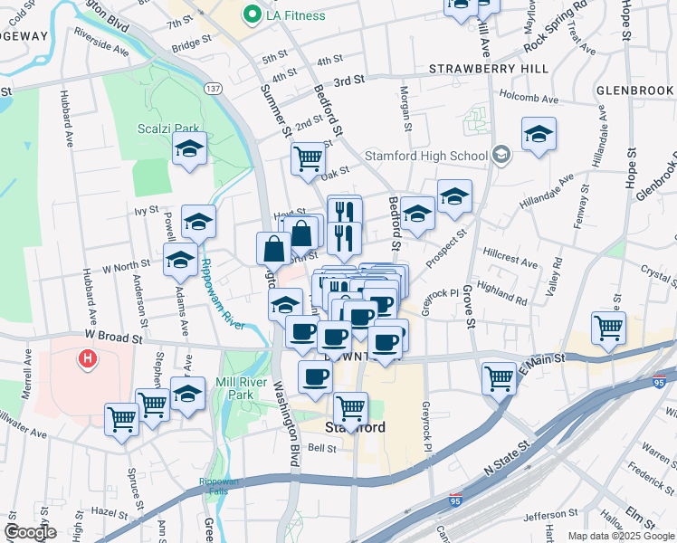 map of restaurants, bars, coffee shops, grocery stores, and more near 700 Summer Street in Stamford