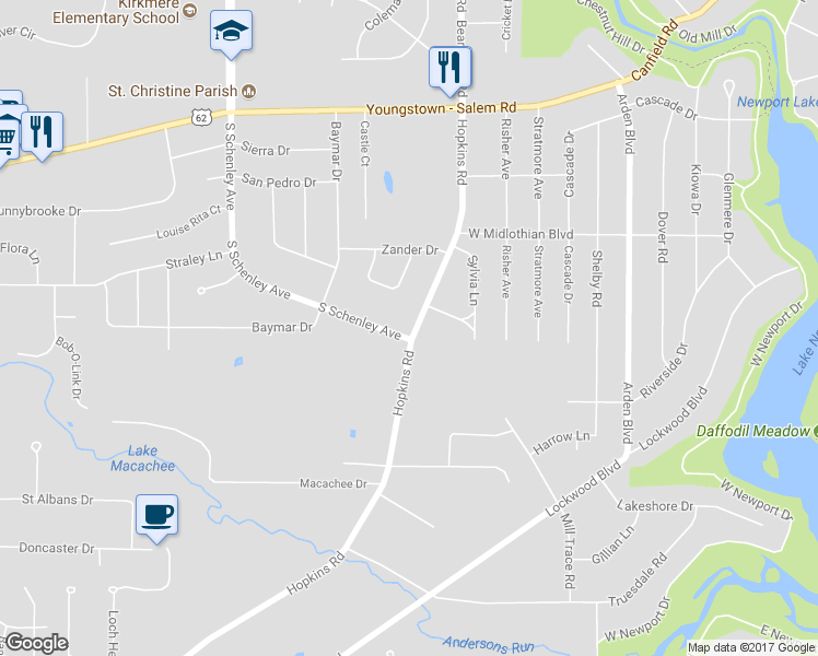 map of restaurants, bars, coffee shops, grocery stores, and more near 4013 South Schenley Avenue in Youngstown