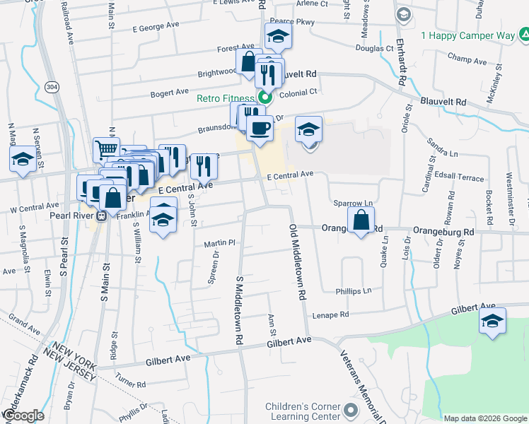 map of restaurants, bars, coffee shops, grocery stores, and more near 36 South Middletown Road in Pearl River