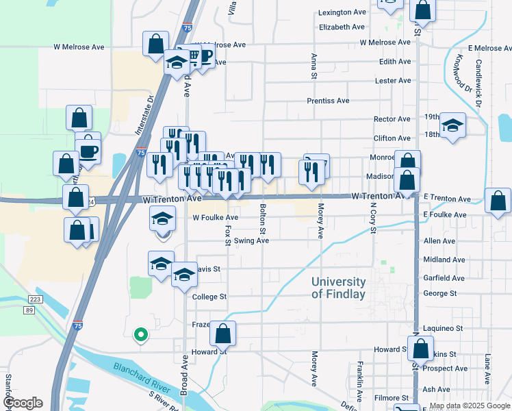map of restaurants, bars, coffee shops, grocery stores, and more near 600 West Foulke Avenue in Findlay