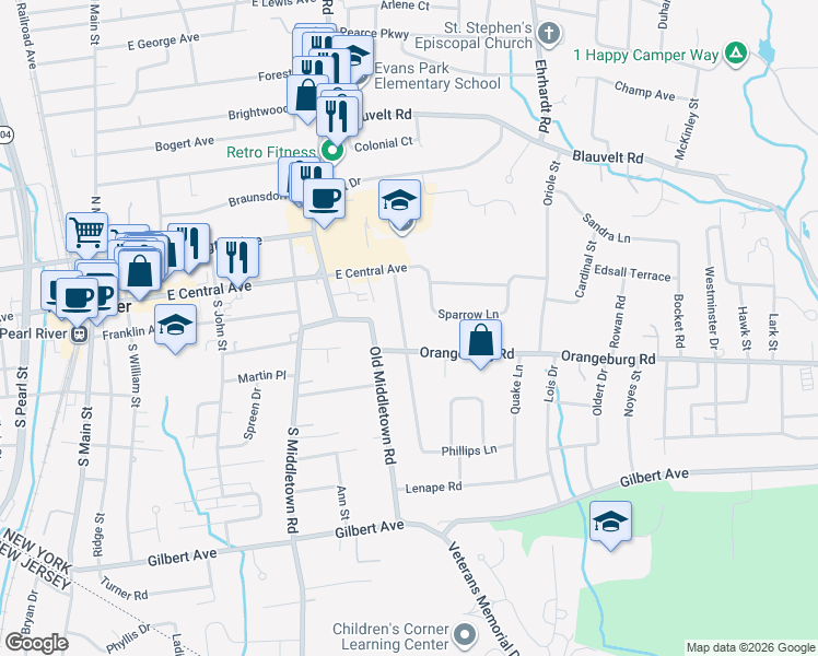 map of restaurants, bars, coffee shops, grocery stores, and more near 263 Orangeburg Road in Pearl River