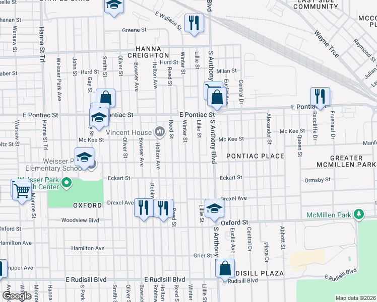 map of restaurants, bars, coffee shops, grocery stores, and more near 2923 Winter Street in Fort Wayne
