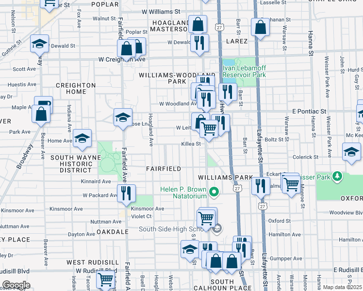 map of restaurants, bars, coffee shops, grocery stores, and more near 215 Killea Street in Fort Wayne