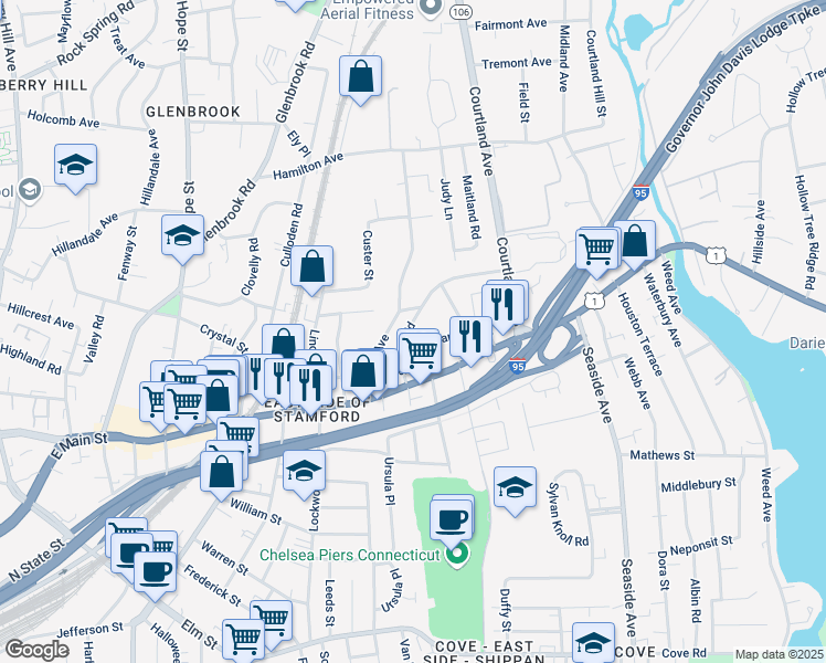 map of restaurants, bars, coffee shops, grocery stores, and more near 73 Seaton Road in Stamford