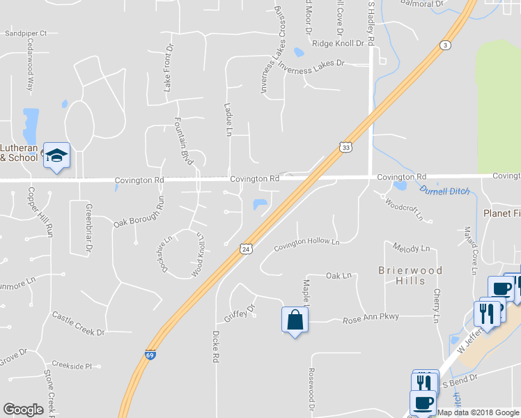 map of restaurants, bars, coffee shops, grocery stores, and more near 2820 Covington Pines Court in Fort Wayne
