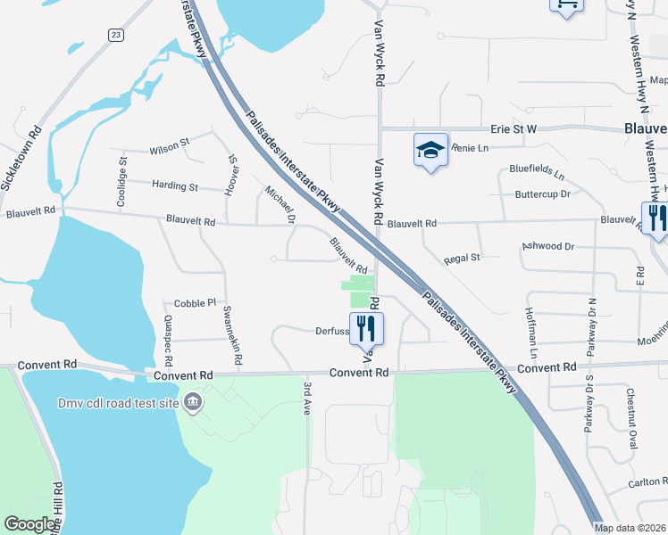 map of restaurants, bars, coffee shops, grocery stores, and more near 3 Glenwood Drive in Blauvelt