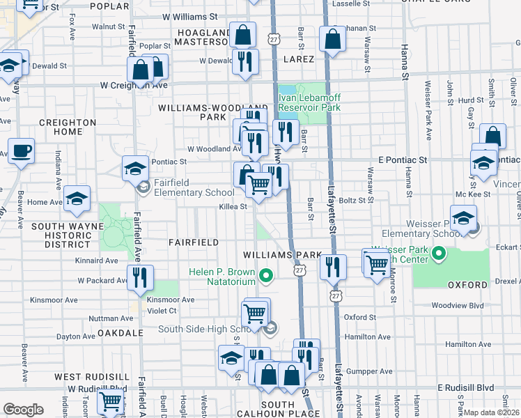 map of restaurants, bars, coffee shops, grocery stores, and more near 120 Esmond Street in Fort Wayne