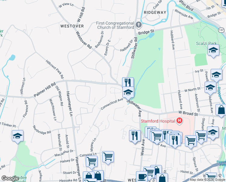 map of restaurants, bars, coffee shops, grocery stores, and more near 64 Stoneridge Circle in Stamford