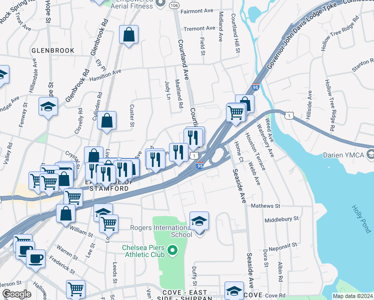 map of restaurants, bars, coffee shops, grocery stores, and more near 1106 East Main Street in Stamford
