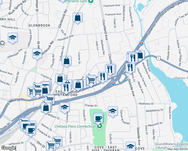 map of restaurants, bars, coffee shops, grocery stores, and more near 29 Standish Road in Stamford