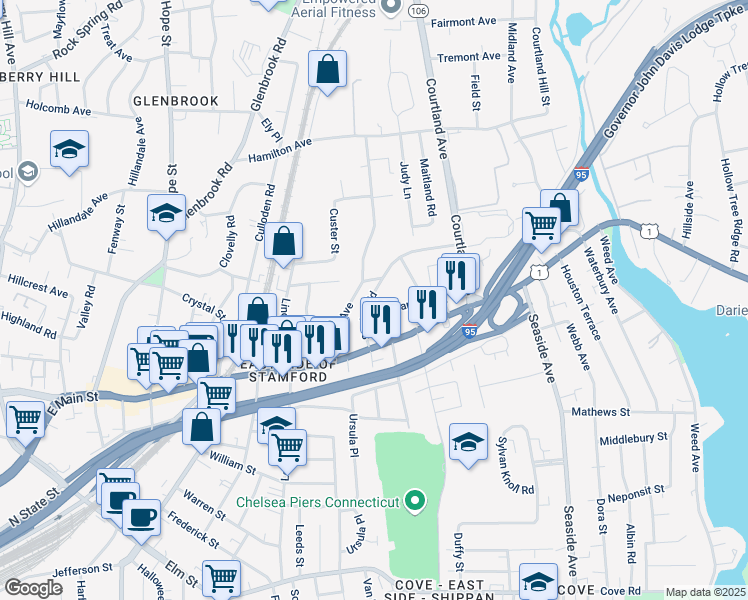 map of restaurants, bars, coffee shops, grocery stores, and more near 73 Seaton Road in Stamford